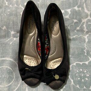 DexFlex Comfort Peep Toe Cork Wedge Heels Black Size 5.5